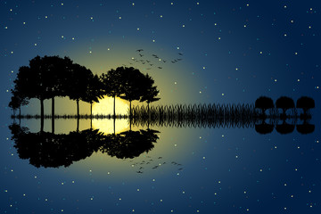 Trees arranged in a shape of a guitar on a starry sky background in a full moon night. Music island with a guitar reflection in water. Vector illustration design.