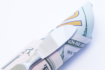 Concept of value, cost and price in surgery. Surgical medical scalpel lying on twisted tube of...