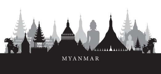 Myanmar Landmarks Skyline in Black and White Silhouette, Cityscape, Travel and Tourist Attraction - obrazy, fototapety, plakaty
