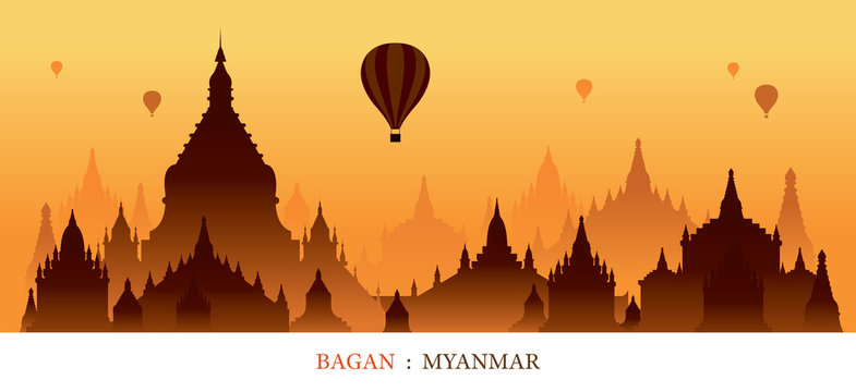 Bagan, Myanmar, Landmarks Silhouette Sunrise Background, Cityscape, Travel and Tourist Attraction