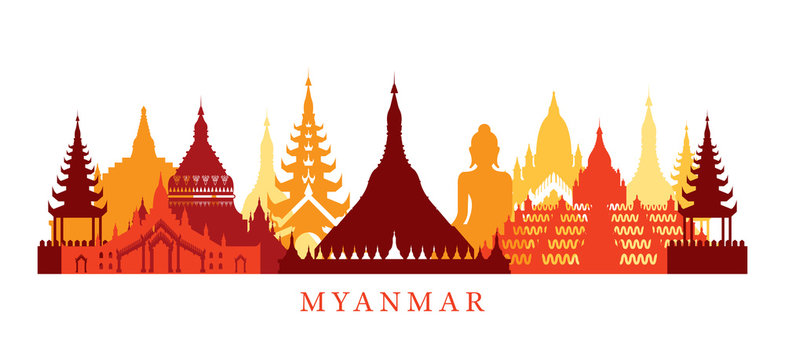 Myanmar Architecture Landmarks Skyline, Shape, 
Silhouette, Cityscape, Travel and Tourist Attraction