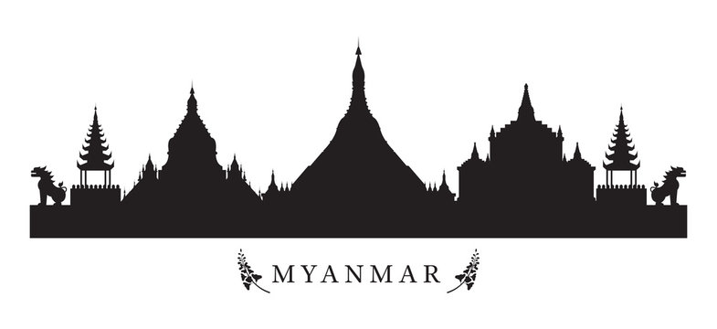 Myanmar Landmarks Skyline in Black and White Silhouette, Cityscape, Travel and Tourist Attraction