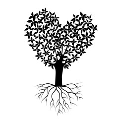 abstract black heart tree, isolated nature symbol, silhouette sign vector