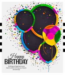 Obraz premium Happy birthday greeting card. Paper balloons with colorful borders. Drops color on background. Vector illustration.