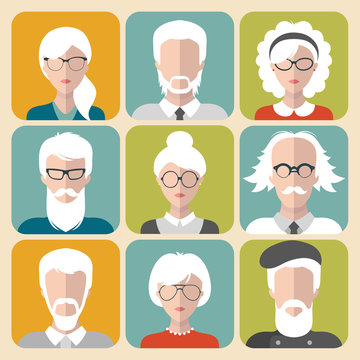 Vector set of different old man and woman with gray hair app icons in flat style.
