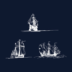 Vector set of sailing galleon ships in the ocean in ink line style. Hand sketched old warships. Marine theme design. - obrazy, fototapety, plakaty