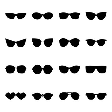 Big vector set of icons of different shapes sunglasses in trendy flat style.