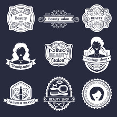Vector set of hipster woman logo of beauty salon or vintage shop. Retro icons collection in flat style.