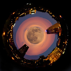 Spherical panorama. Night time landscape and big moon, abstract stereographic background