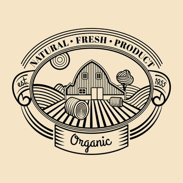 Vector retro farm fresh engraving logotype. Vintage organic bio products badge. Eco food sign.