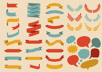Big vector set of ribbons, laurels, wreaths and speech bubbles in flat style.