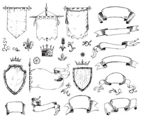 Vector hand drawn collection of heraldic templates: shield, flag - 139439099