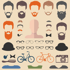 Big vector set of dress up constructor with different men hipster haircuts, glasses, beard etc. Male faces icon creator.