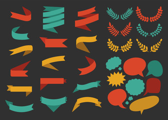 Obraz premium Beg vector set of ribbons, laurels, wreaths and speech bubbles in flat style.