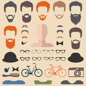 Big vector set of dress up constructor with different men hipster haircuts, glasses, beard etc. Male faces icon creator.
