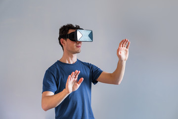 Person wearing virtual reality (VR) headset, hmd glasses