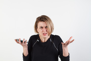 Obraz premium Business woman texting on her cell phone isolated