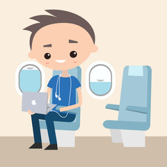 Cute teenager sitting with laptop in the plane, flat editable vector illustration