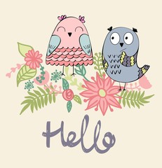 Card with cartoon owls in bright colors.