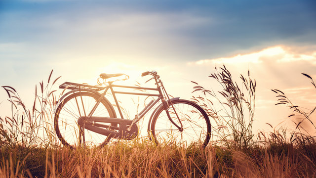 beautiful landscape image with Bicycle at sunset,Vintage bicycle on summer grass field