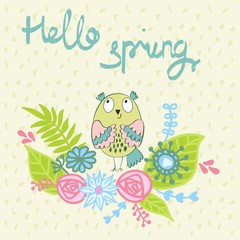 Hello spring. Greeting card with funny owls in vector.