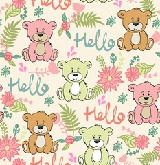 Vector seamless pattern with bears and flowers