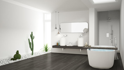 Minimalist white bathroom with succulent garden, wooden floor and pebbles, hotel, spa, modern interior design