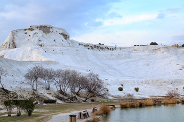 Pamukkale view from park wiht turquiose water