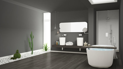 Fototapeta na wymiar Minimalist white bathroom with succulent garden, wooden floor and pebbles, hotel, spa, modern interior design