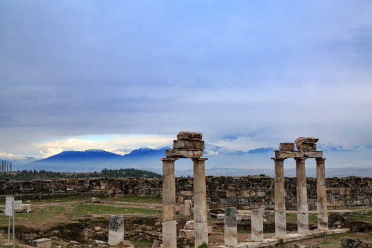 Hierapolis columns with mountains background