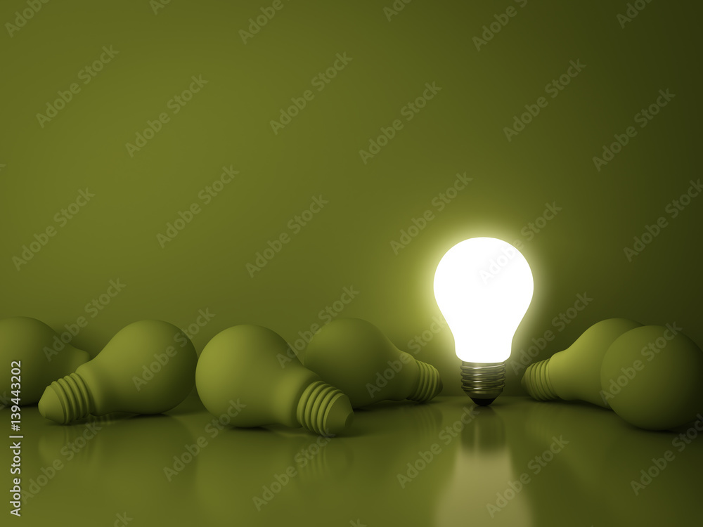 Fototapete One glowing light bulb standing out from the dead incandescent bulbs on green background with reflection , individuality and different creative idea business concepts . 3D rendering.