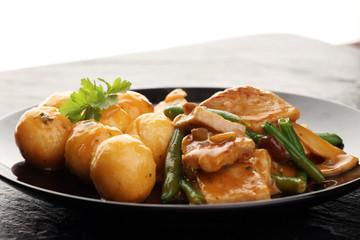 bread dumplings wirh mushrooms and grean beans with pork tenderloin pan