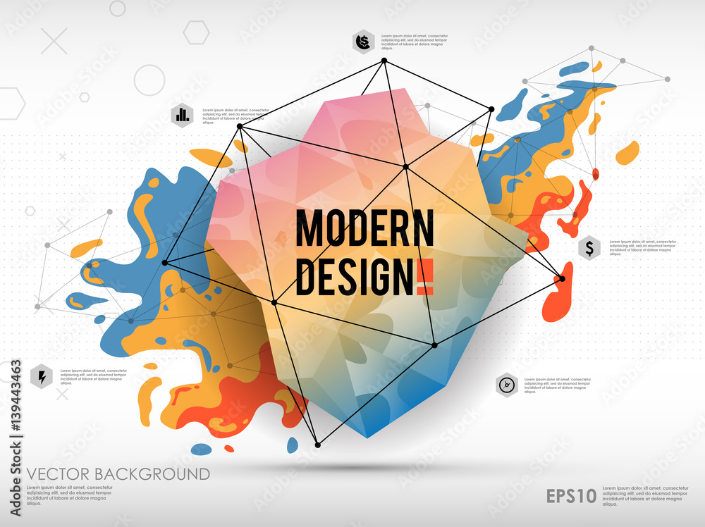 Poster modern abstract background with paint spot and geometric gemstone. vector design layout for business