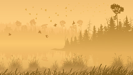 Fototapeta premium Illustration of forest with its reflection in lake and flock of birds.