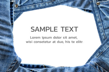 Isolated Blue Jeans Frame on White Background with Sample Text on Copy Space