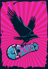 Vintage poster with skateboard and flying eagle. Grunge illustartion