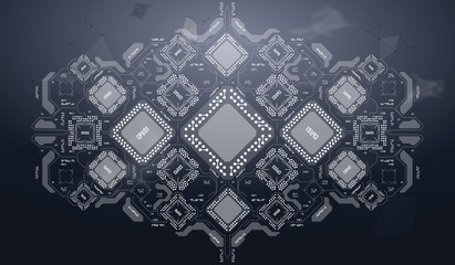 Modern Background with futuristic user interface. Electronic computer hardware technology. Motherboard digital chip. Integrated communication processor. Information engineering component.