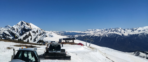 Snow-removing machinery at the top of the mountain. Rose Peak, Krasnaya Polyana, Sochi, Russia.