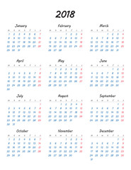 Simple calendar 2018 year. Week starts from monday. Vector illustration.