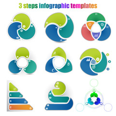 Set of different circle infographic templates 3 steps. Colorful parts and business icons. For presentation and design concept. Vector illustration.