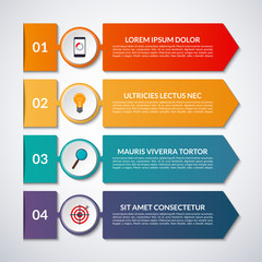 Infographic options banner with arrows and circle design elements. Vector template with 4 steps, parts.