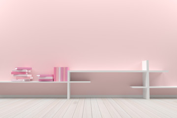 Empty interior pink pastel  room with wooden floor and books, For display of your products.  - 3D render image.