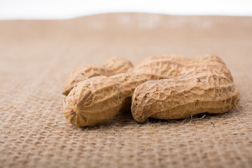 Peanuts with shell on a linen canvas background