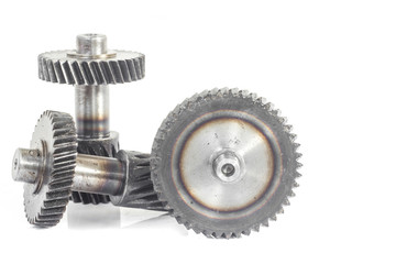 Metal gears on white background.