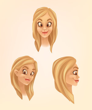 Blonde woman character head from different angles. Vector flat cartoon illustration