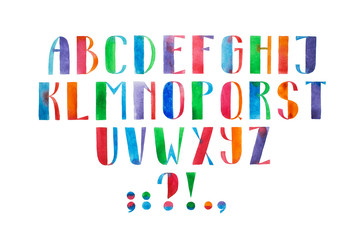 Aquarelle font hand drawn alphabet watercolor illustration.