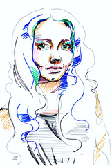 Illustration woman portrait ,made color markers . on white background