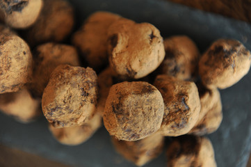 Chocolate truffles in cocoa sprinkled. On the slate board on wooden background. Close-up, texture
