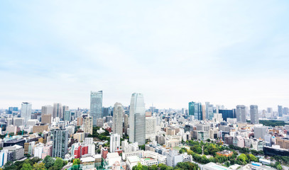 Fototapeta premium Business and culture concept - panoramic modern city skyline bird eye aerial view from tokyo tower under dramatic morning blue cloudy sky in Tokyo, Japan