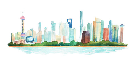 Panoramic view hand drawn with watercolors of big modern city